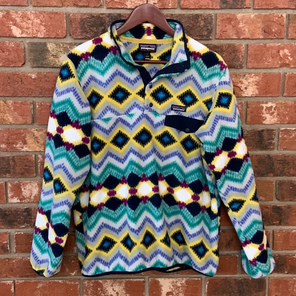 Patagonia Jackets & Blazers - LAST CHANCE! Patagonia Synchilla Blue Yellow Print Fleece Pullover Jacket